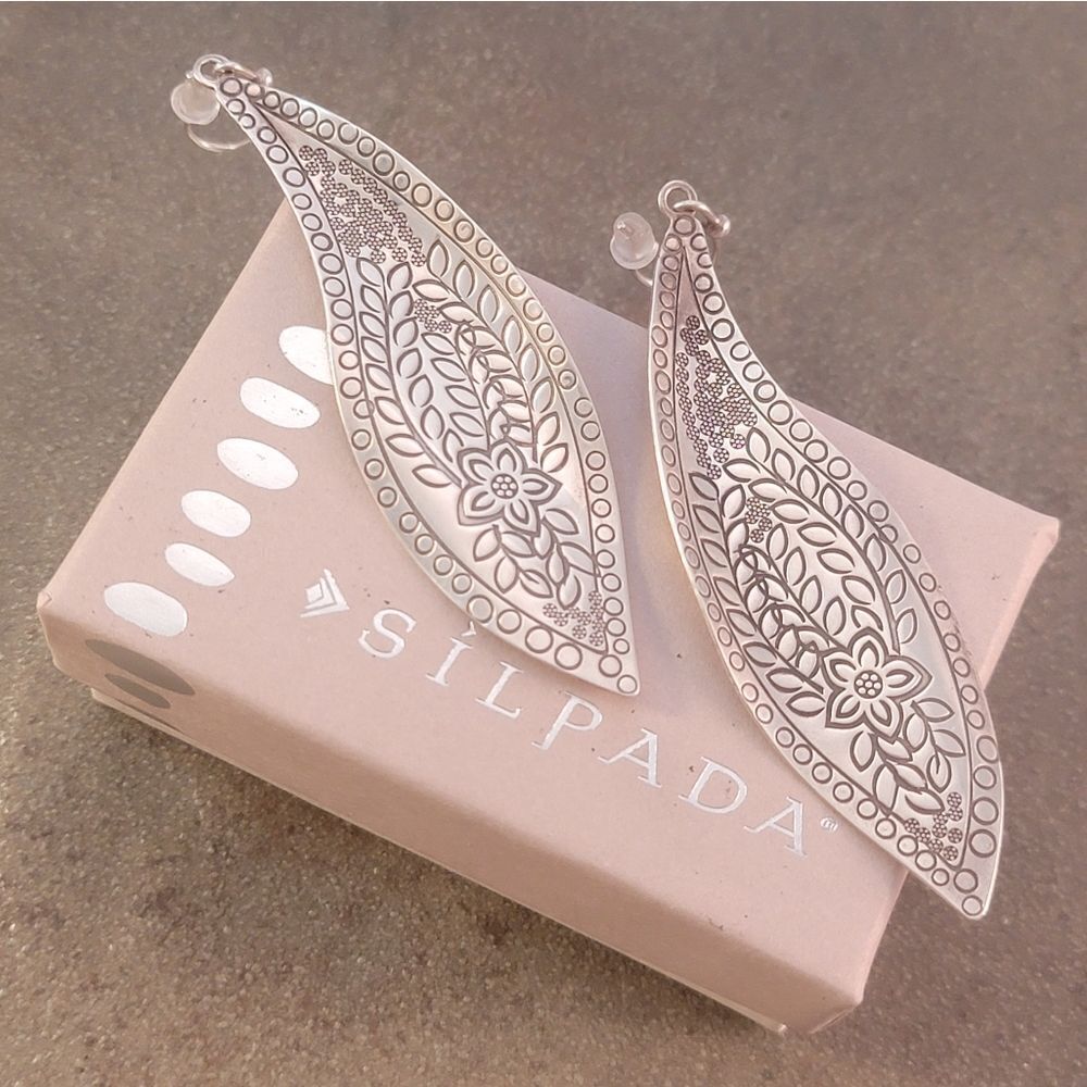 Silpada Sterling Stamped Etched Floral Freestyle Long Drop Earrings - Picture 4 of 8